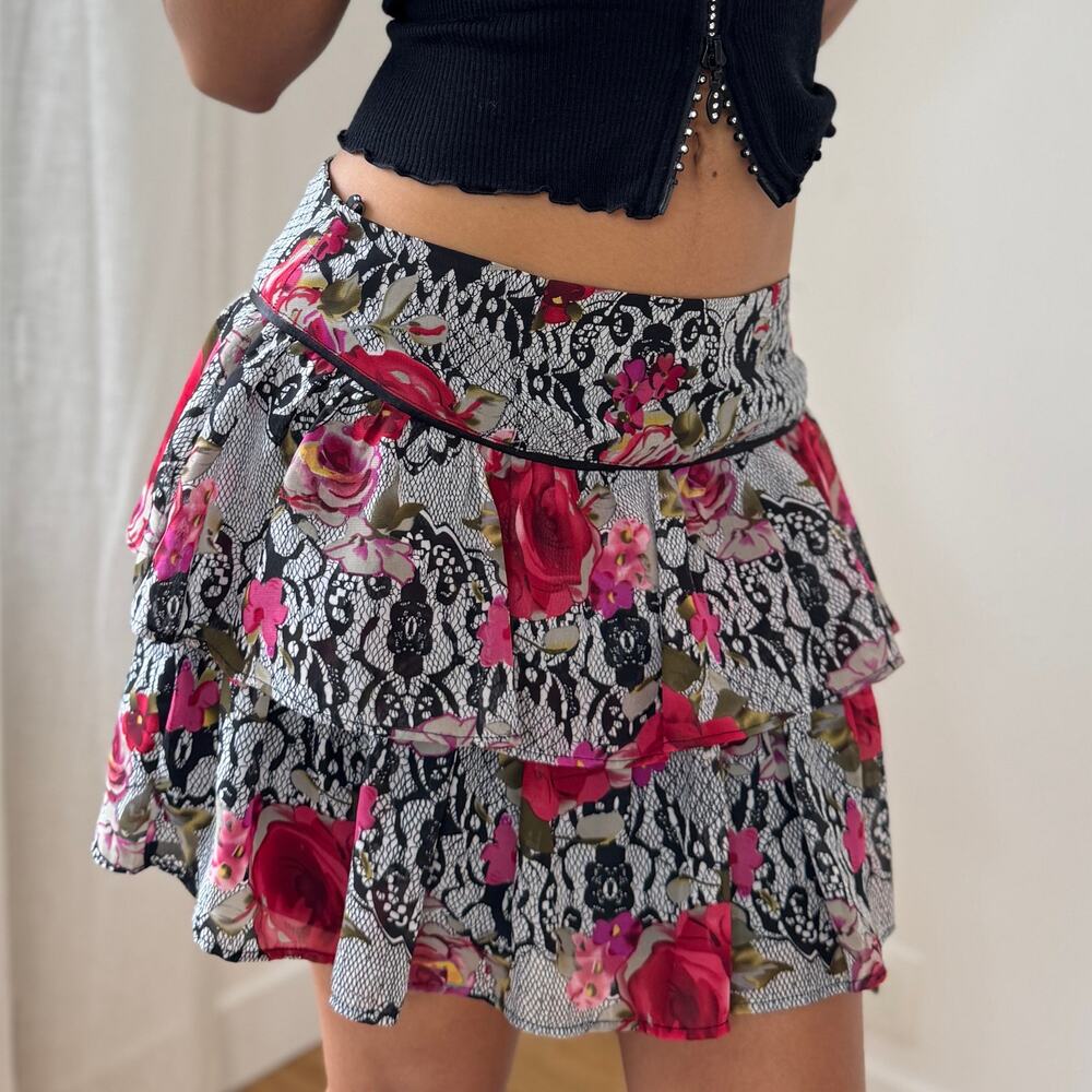 Vintage Morgan de Toi Ruffle Mesh Floral Mini Skirt (Small)